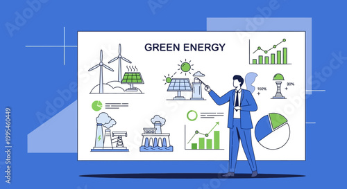 Business presentation of green energy solutions with renewable power infographic charts