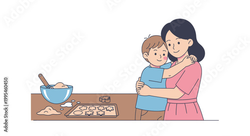 Woman holding a little boy baking.
