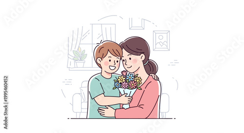 Mother and son hug each other.