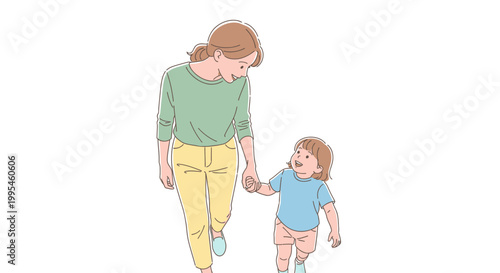 Woman and toddler walking hand in hand.