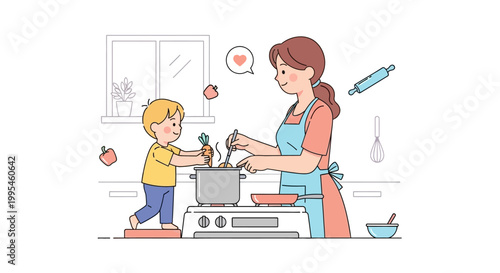 Woman and child cooking together indoors.