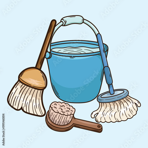Illustration of cleaning equipment broom mop and brush household equipment