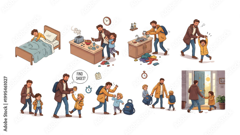 Naklejka premium Parenting Morning Routine Workflow Vector Set with Step-by-Step System, Time Pressure Micro-Moments and Human Activity Scenes on Clean White Background