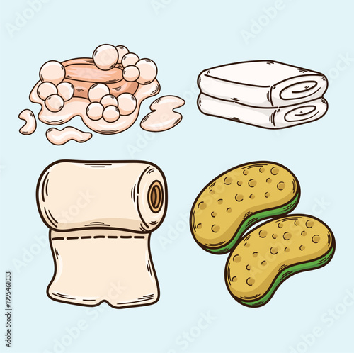 Illustration of bathroom equipment soap tissue towel and bath sponge bathroom equipment icon
