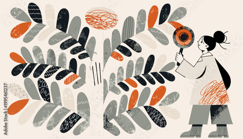 Modern Female Botanist Examining Stylized Foliage with Magnifying Glass in Minimalist Flat Art Style.eps