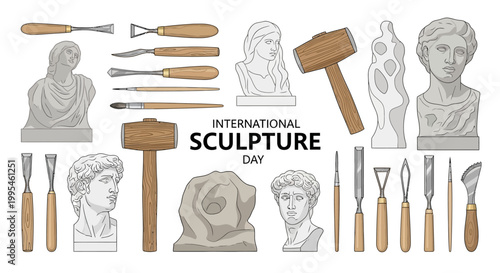 A vector illustration celebrating International Sculpture Day, showcasing various classical and modern art sculpture designs along with carving tools, set against a clean background