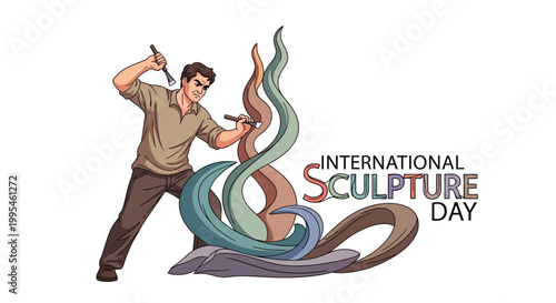 A vector illustration celebrates International Sculpture Day, portraying a sculptor passionately carving a modern, abstract sculpture with chisels, set against a clean white background