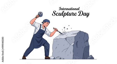 An International Sculpture Day illustration showcases a sculptor diligently carving a large stone block with a chisel and mallet, set against a clean white background in a detailed vector