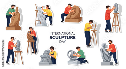 Celebrating International Sculpture Day, a vector illustration showcases various artists meticulously carving stone and marble sculptures, creating abstract and classical forms