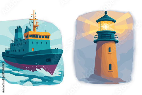 Icebreaker ship navigating frozen arctic waters alongside a powerful coastal lighthouse beam