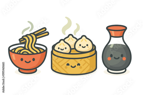 Cute Asian food: Steaming ramen noodles, dim sum dumplings, soy sauce bottle