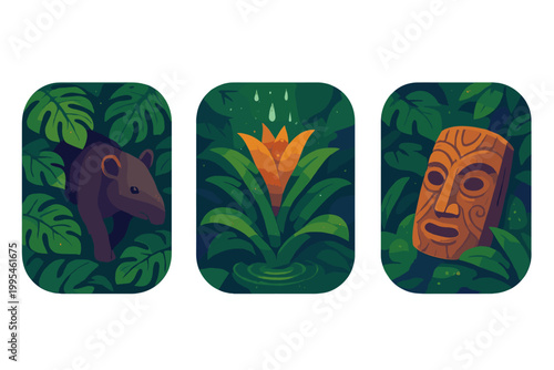 Tropical jungle icons set with tapir, exotic flower, and ancient tribal mask