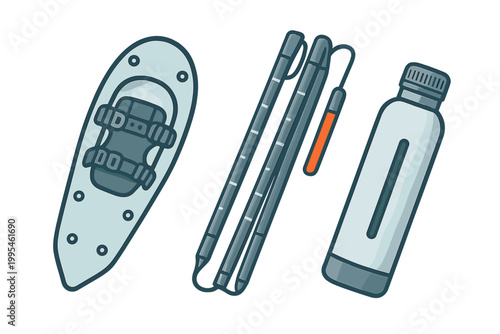 Winter outdoor gear set featuring snowshoe, collapsible trekking poles, and water bottle