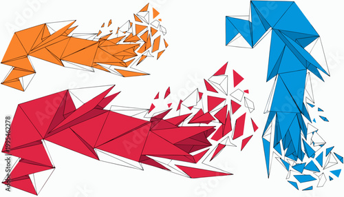 Modern colorful speech bubbles set with shattered 3D triangular fragments and debris.eps