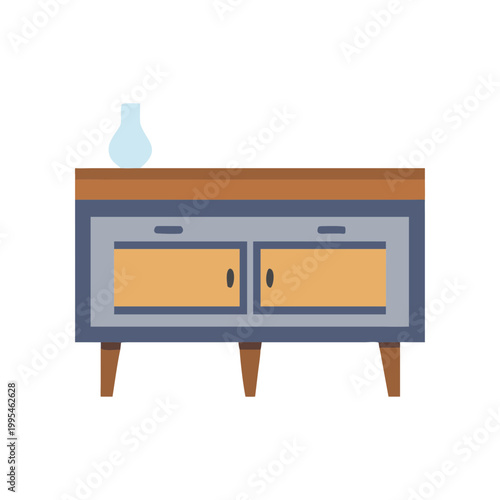 Mid century modern sideboard, wooden cabinet, gray blue furniture, home decor