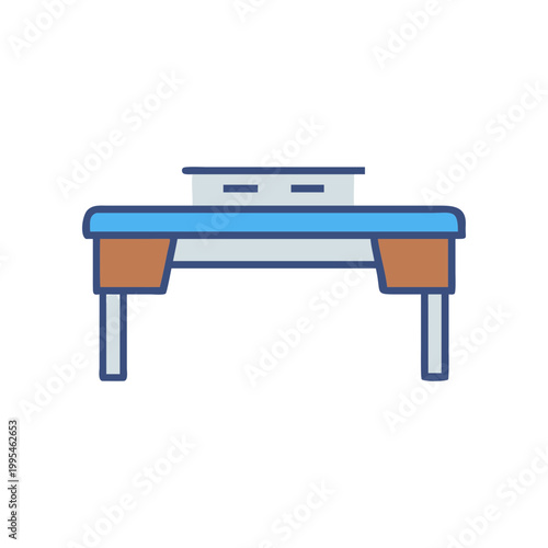Office desk, blue table, workspace icon, furniture symbol, business illustration