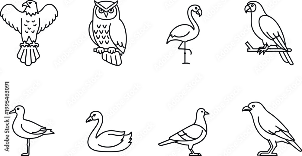 Obraz premium Bird outline vector icon set with eagle owl flamingo parrot swan pigeon seagull in minimal line illustration style