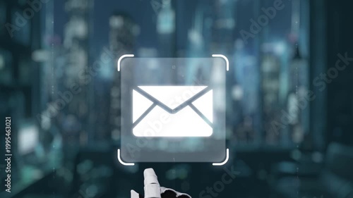 A robotic hand interacts with virtual email icons surrounded by digital screens, showcasing modern communication technology and future possibilities in cyberspace. Auvana