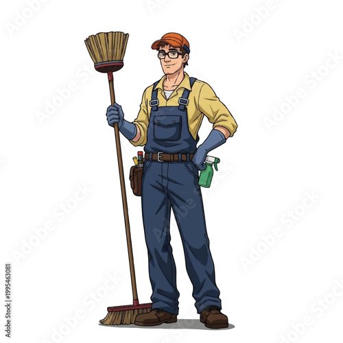 Man wearing blue overalls holding broom.