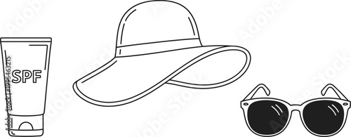 Essential items for sun protection including SPF sunscreen, a stylish wide-brimmed hat, and classic sunglasses, perfect for summer holidays.