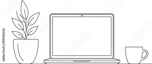 Minimalist line art drawing of a portable laptop computer sitting on a desk next to a potted houseplant and mug