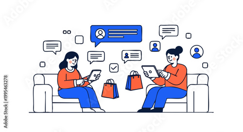 Two Women Online Shopping and Messaging on Tablets at Home