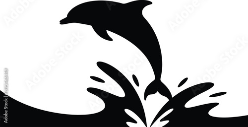 Black silhouette dolphin leaps dynamically from splashing ocean waves.