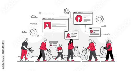 Community volunteers cleaning beach organized through digital platform