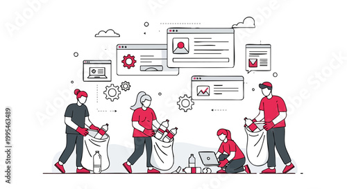 Volunteers cleaning beach with digital data and online coordination