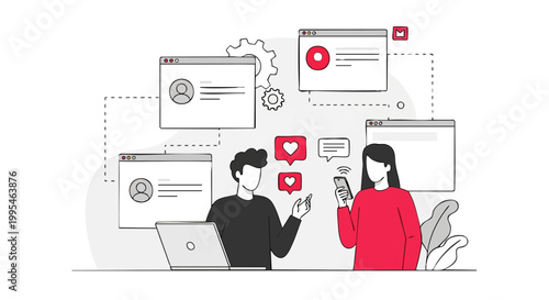 Social Media Interaction Illustration with People and UI Elements