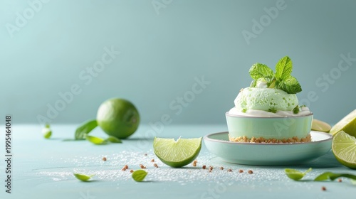 Lime-themed dessert like lime sorbet or lime tarts, with limes as a key ingredient, set against a vibrant background.