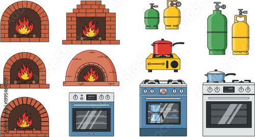 Various Kitchen Appliances Including Ovens, Gas Stoves, and Fireplaces for Cooking, Kitchen Design, and Household Illustrations