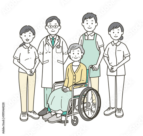 車椅子に座る高齢女性と介護士と医師と看護師の集合イラスト
