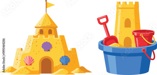 Sandcastle and Beach Toys Including Buckets, Shovels, and Shells for Summer, Beach, and Vacation Designs