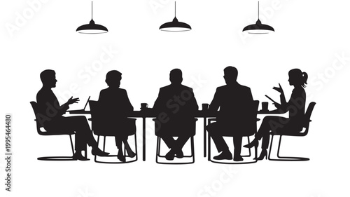 Business Meeting Silhouette Illustration of Corporate Team Planning Strategy Around Office Table