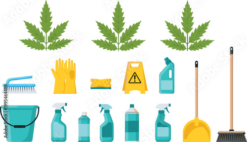 Cleaning Supplies and Safety Equipment Including Gloves, Bottles, and Brushes for Household, Janitorial, and Maintenance Designs