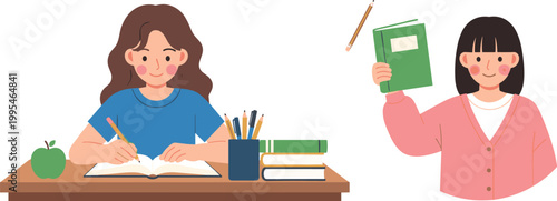 School Study Scene with Kids Writing and Holding Books for Education, Learning, and School Illustrations