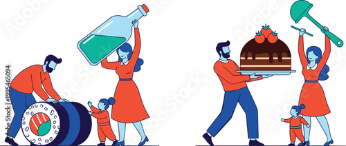 Family Activity Illustrations Featuring Parents and Children in Household Tasks and Cooking for Family, Lifestyle, and Daily Life Designs