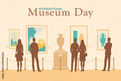 International Museum Day illustration featuring visitors observing artworks in a gallery. Flat design with silhouettes, framed paintings, and sculptures in a clean and modern museum interior scene.