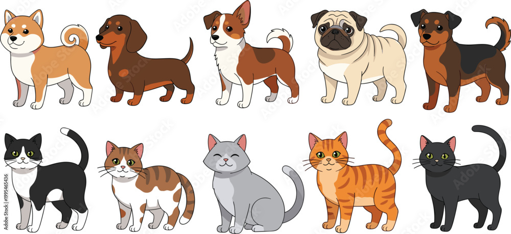 Obraz premium Cute Cartoon Dogs and Cats Breeds Set for Pet Illustration, Animal Design, and Domestic Pet Lovers Collection