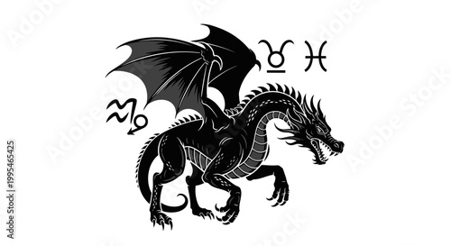 Mythical Black Dragon with Zodiac Symbols - Fantasy Art Illustration
