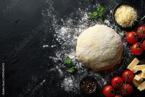 Pizza preparation on dark surface with fresh ingredients, dough, herbs, cheese, tomatoes