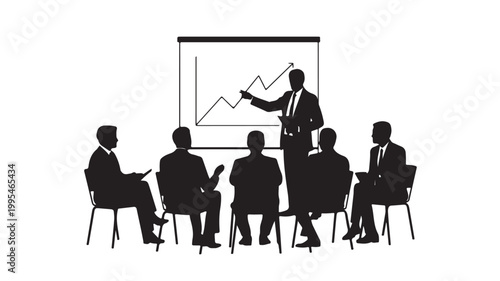 Business Presentation Silhouette showing Data Growth Chart to Colleagues for Corporate Analysis and Strategy Meeting