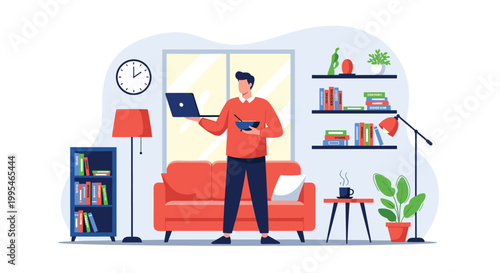 Man stands in his living room holding a laptop while eating from a bowl in front of a sofa, bookshelf, and indoor plants.