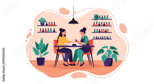 Professional manicurist providing nail care service to female client in modern beauty salon with various colorful polishes.