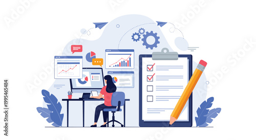 Business analyst working at computer station with multiple data charts and large project management checklist with pencil.