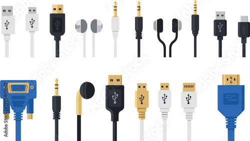 Various Cables and Connectors Including USB, HDMI, and Audio Cords for Electronics, Tech Design, and Digital Illustration