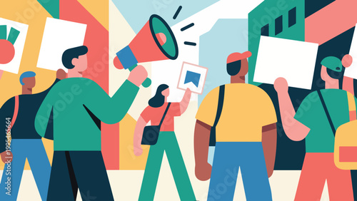 Illustration Of Protest Scene With Megaphone And Posters Vector Design Template