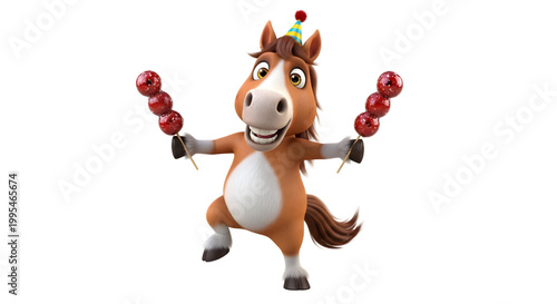 Cartoon horse character holding traditional Chinese candied hawthorn skewers.