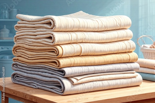 Folded linen stack arranged neatly on a wooden table in soft light